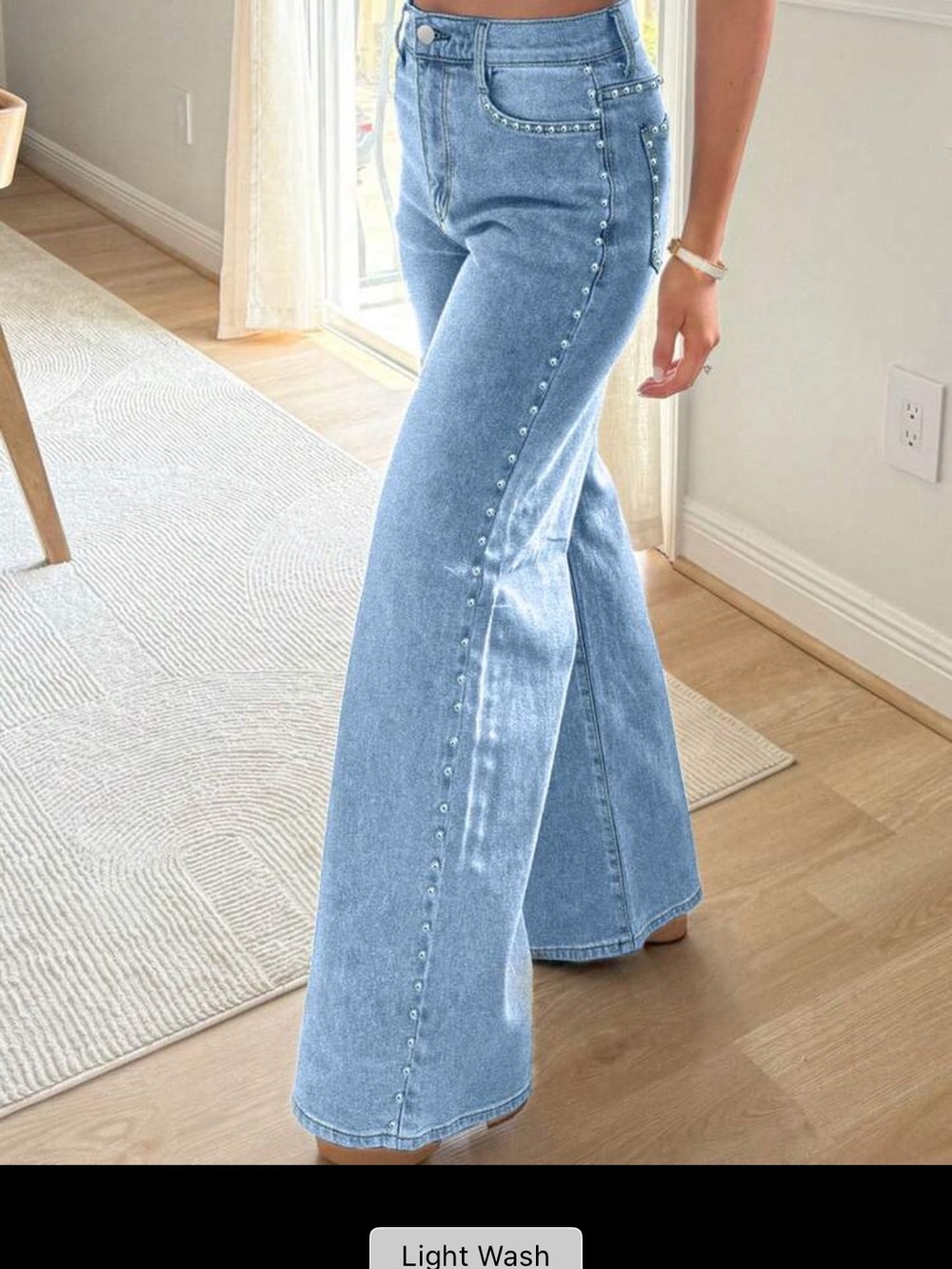 Light Wash High-Rise Wide Leg Jeans with Stud Trim
